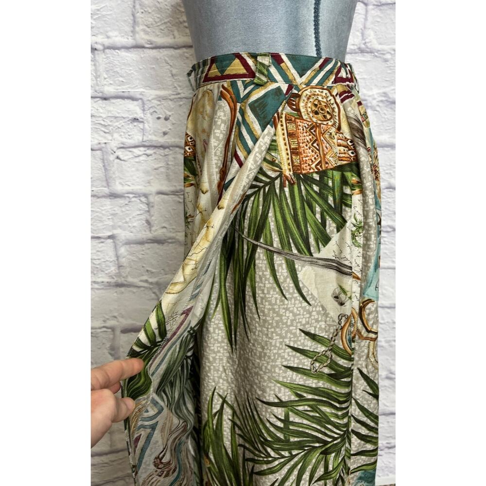 90's Sharon Young Tropical Print Boho Faux Wrap Skirt w/ Pocketwatch Design - Picture 4 of 10
